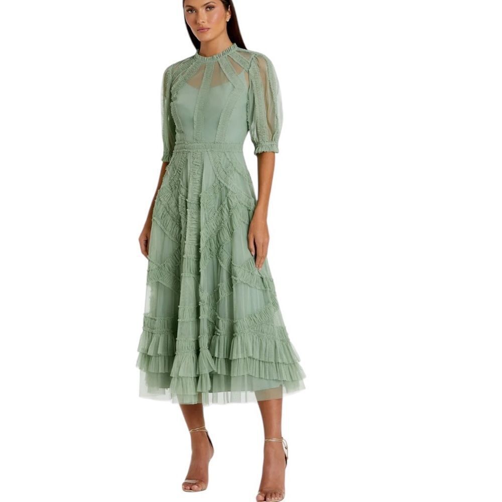 Mac Duggal Elegant Green Lace Midi Dress